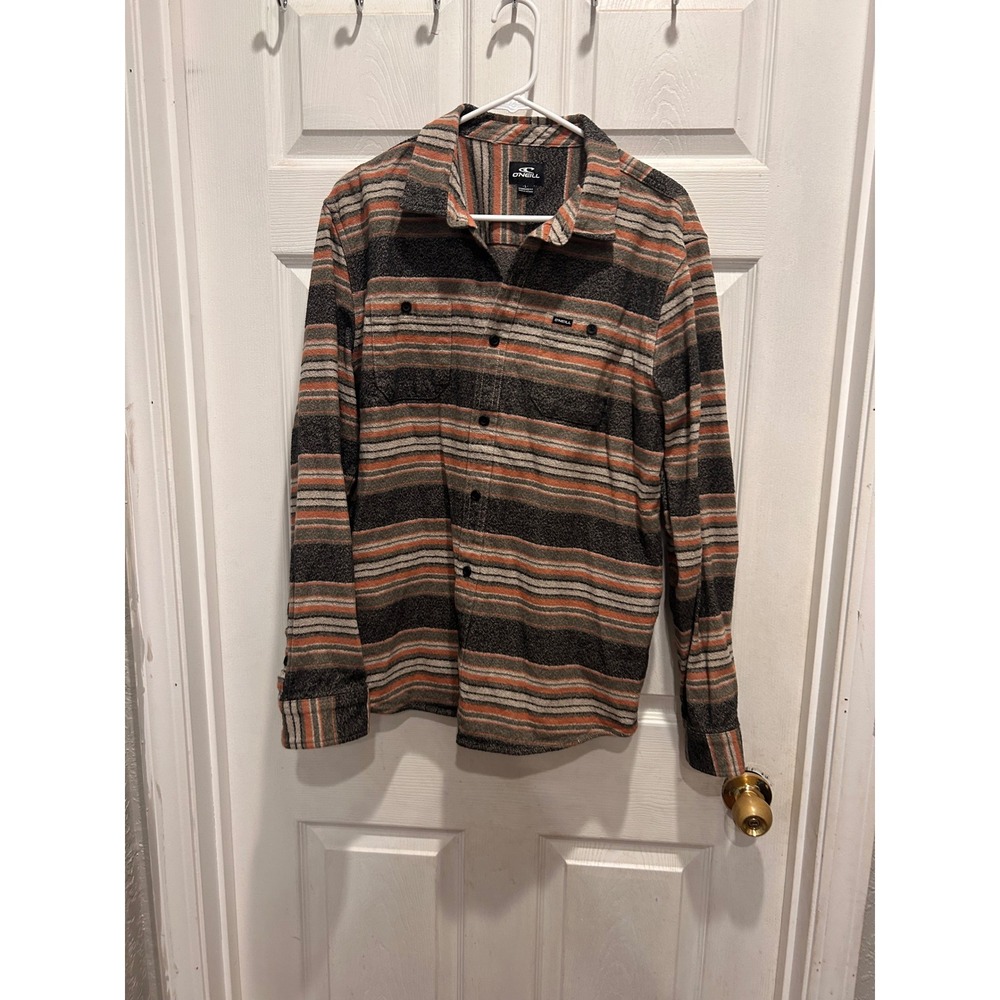 O'Neill Large Belmont Standard Fit Striped Flannel Button Down Shirt Gray Orange